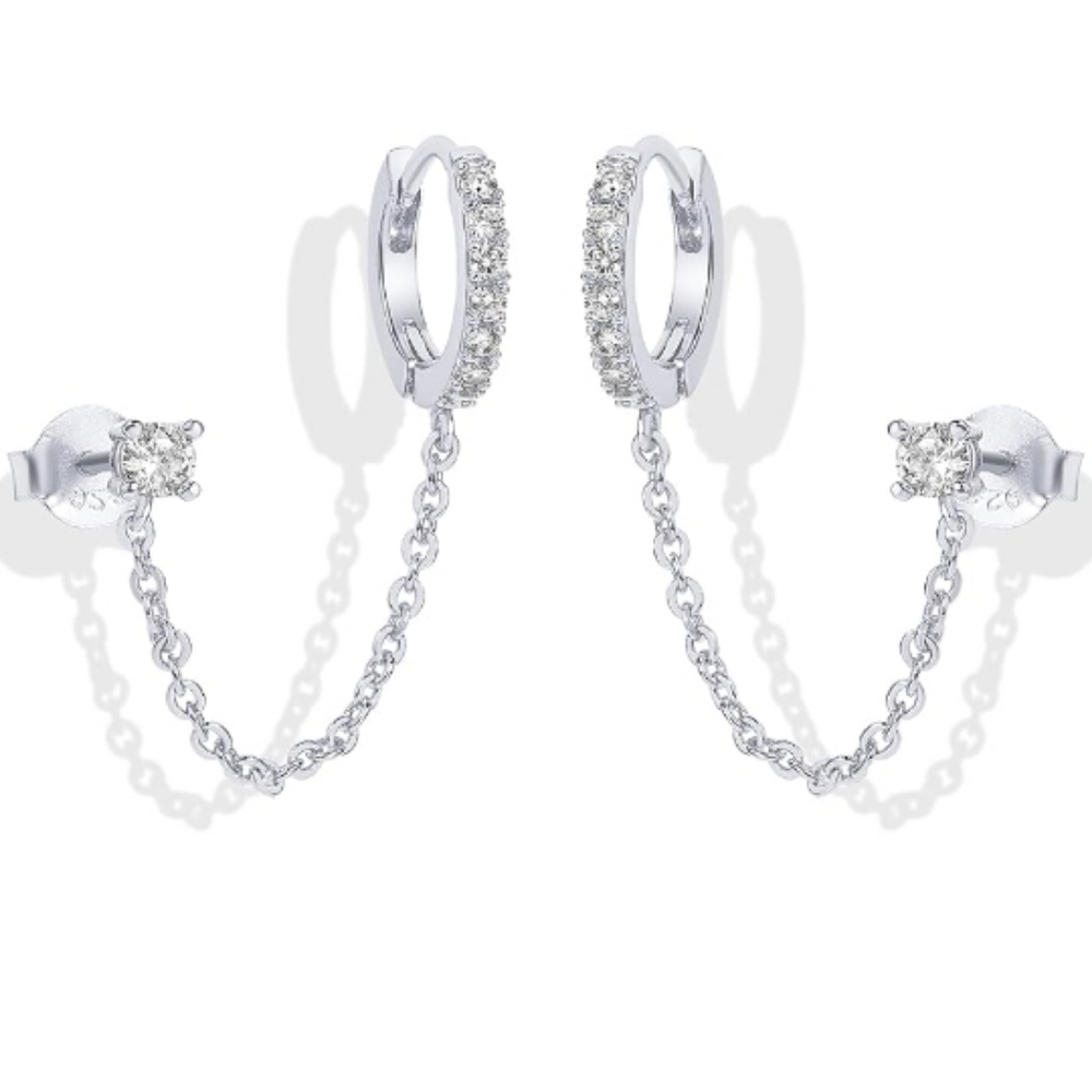 14K White Gold Chain Double Piercing Huggie Hoop Stud CZ Earrings